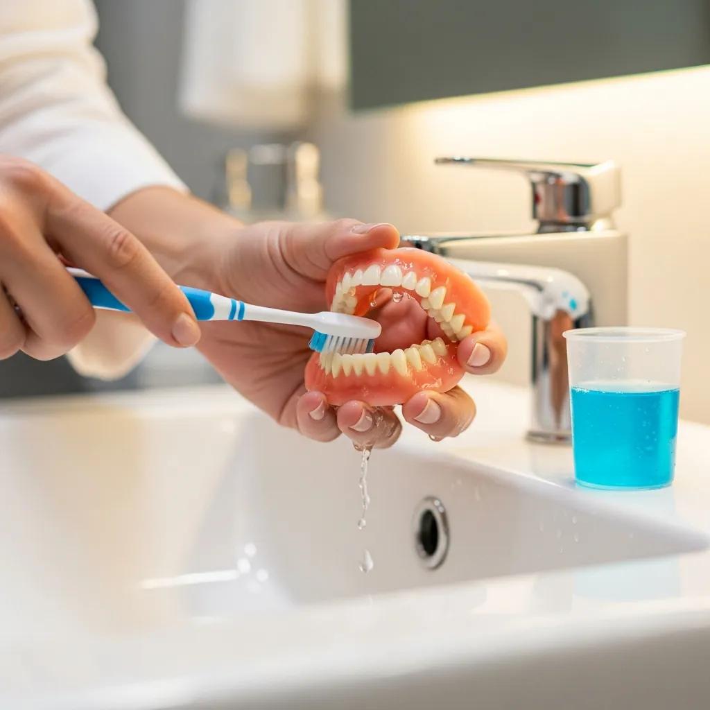 Person brushing dentures with cleaning solution in a bathroom setting