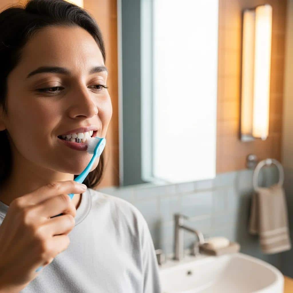 Person brushing teeth focusing on dental implant care
