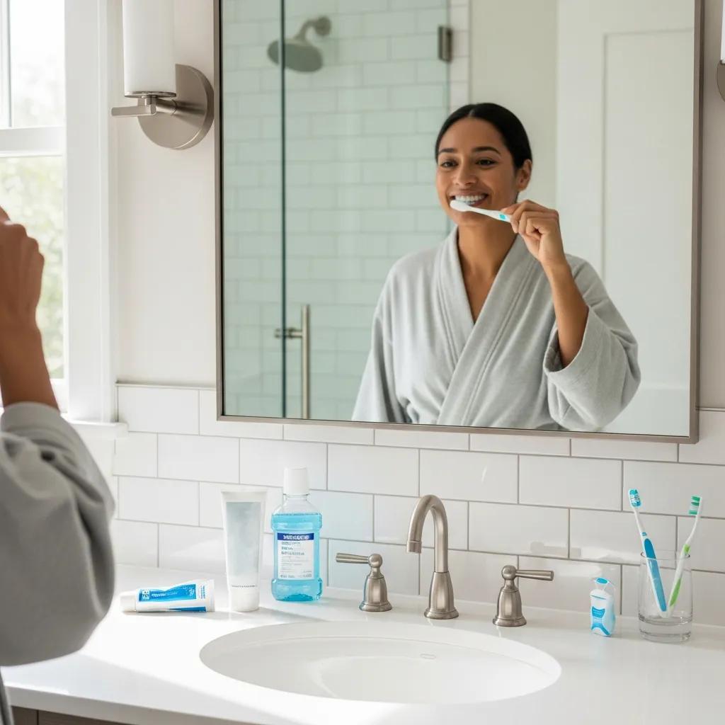 Person brushing their teeth in a bright bathroom — good oral hygiene supports implant health