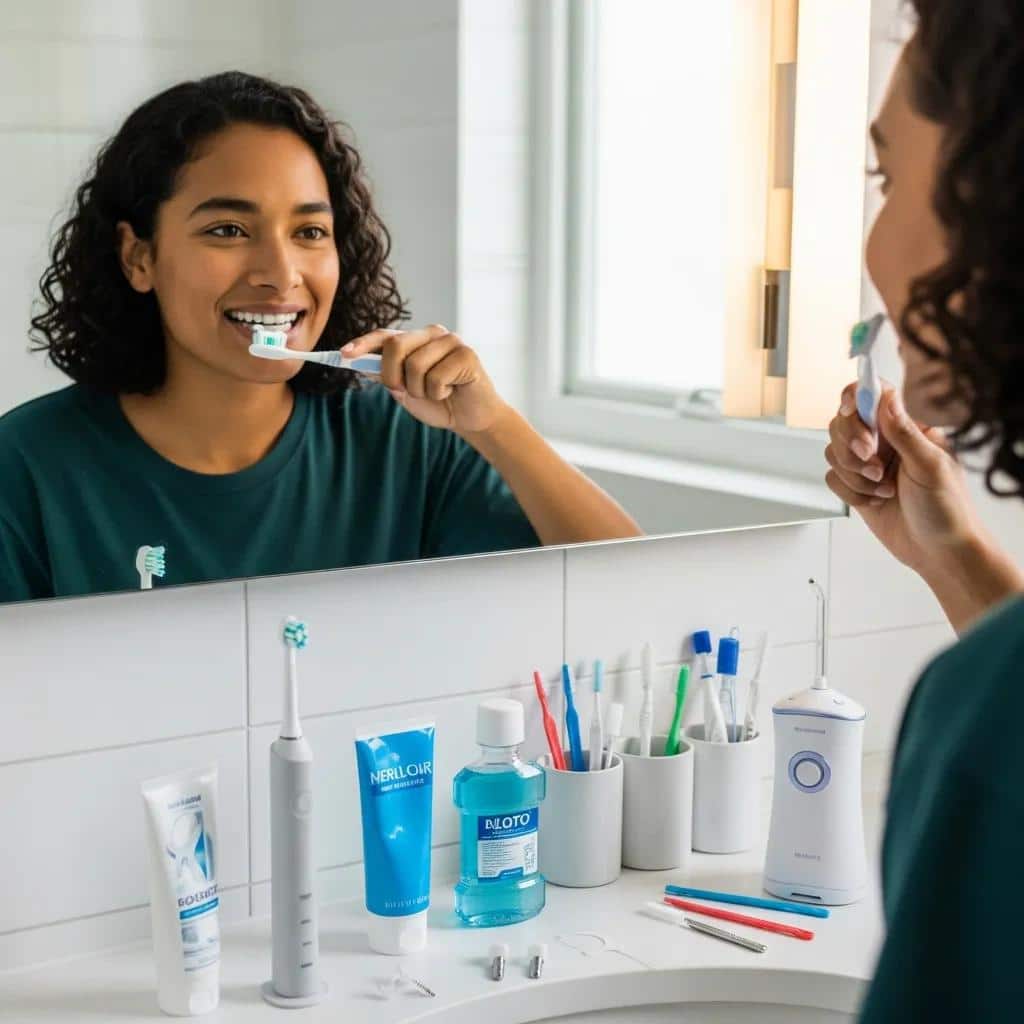Person brushing teeth with a focus on dental implants in a bright bathroom