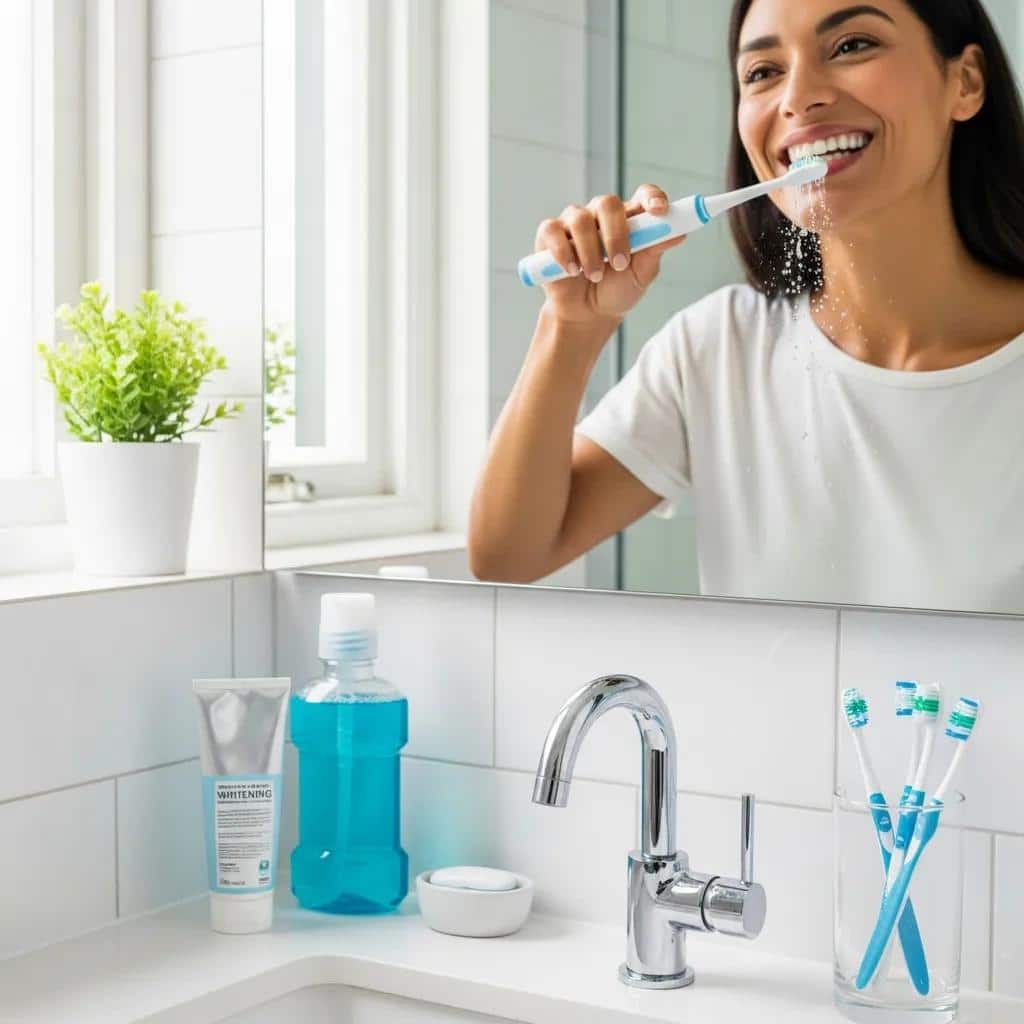Person brushing teeth with a focus on dental implants in a bright bathroom setting, promoting good oral hygiene practices