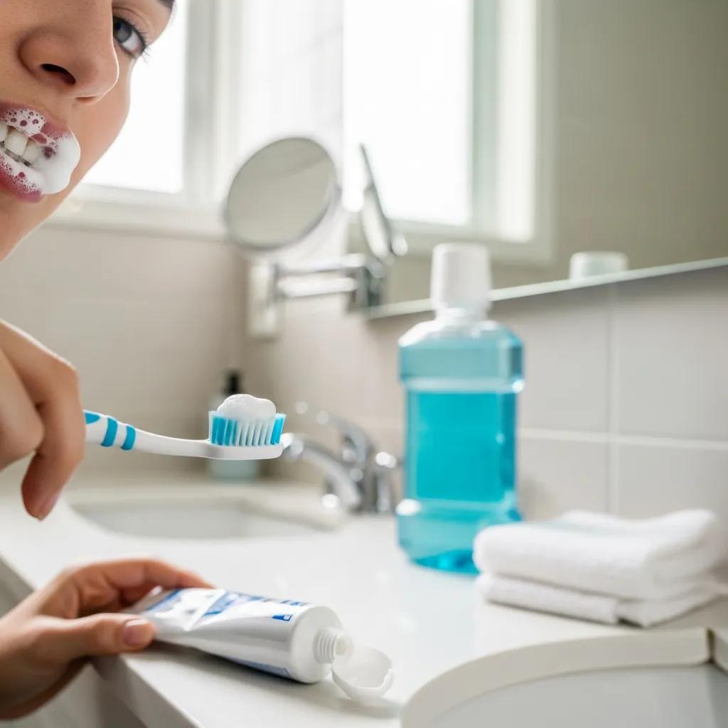 Person brushing teeth with a soft-bristled toothbrush, emphasizing dental hygiene for implant care