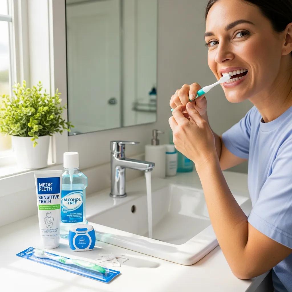 Person brushing teeth with a soft-bristled toothbrush in a bright bathroom, emphasizing dental implant care