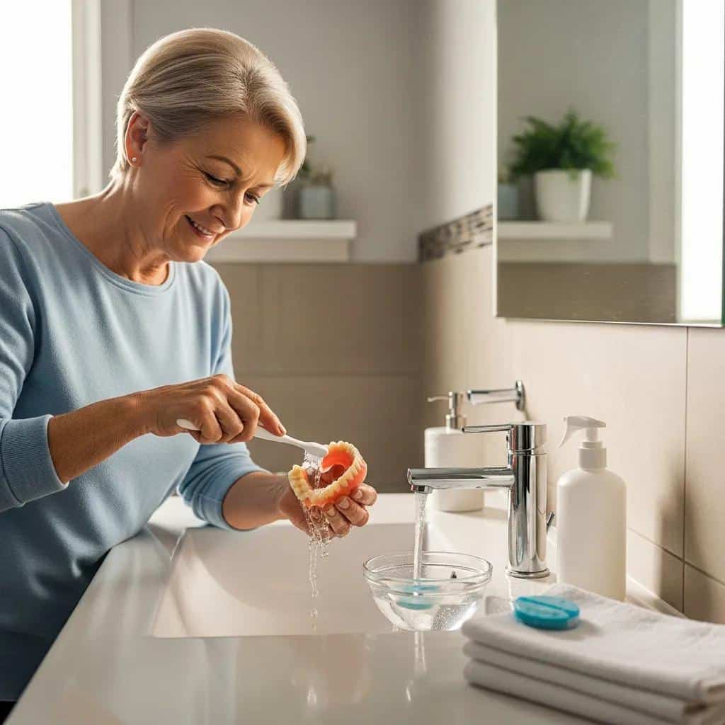 Person cleaning dentures in a bright bathroom, demonstrating proper maintenance practices