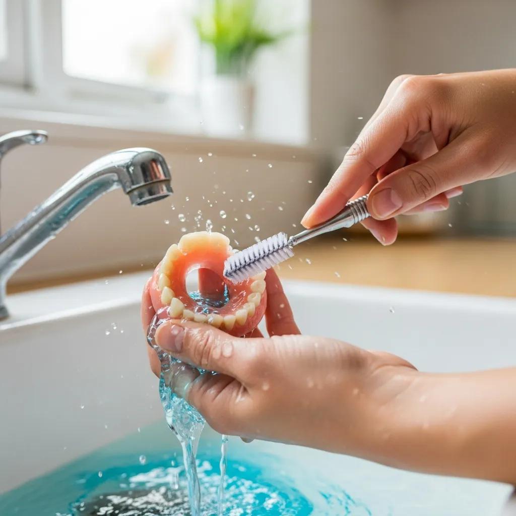 Person cleaning dentures in a kitchen sink with cleaning tools