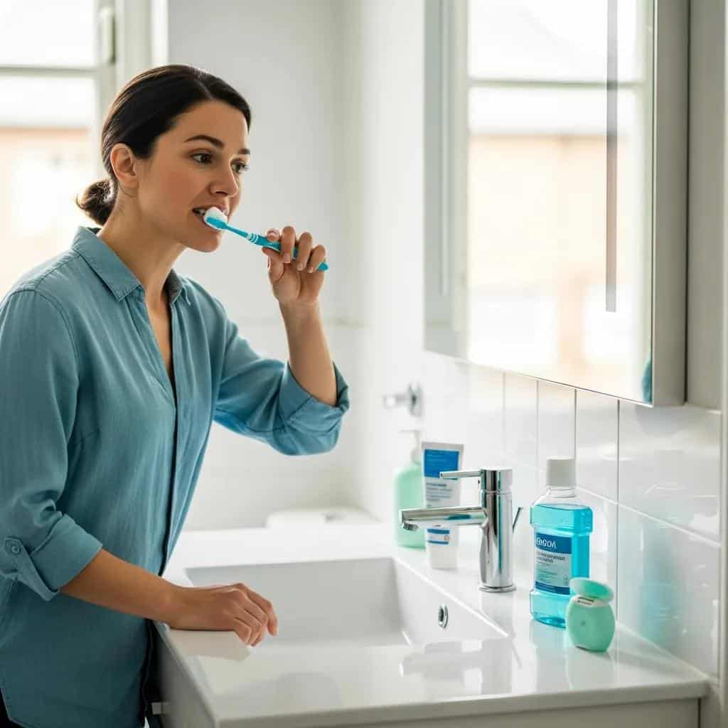 Person practicing dental hygiene to prevent dental implant infection in a bright bathroom