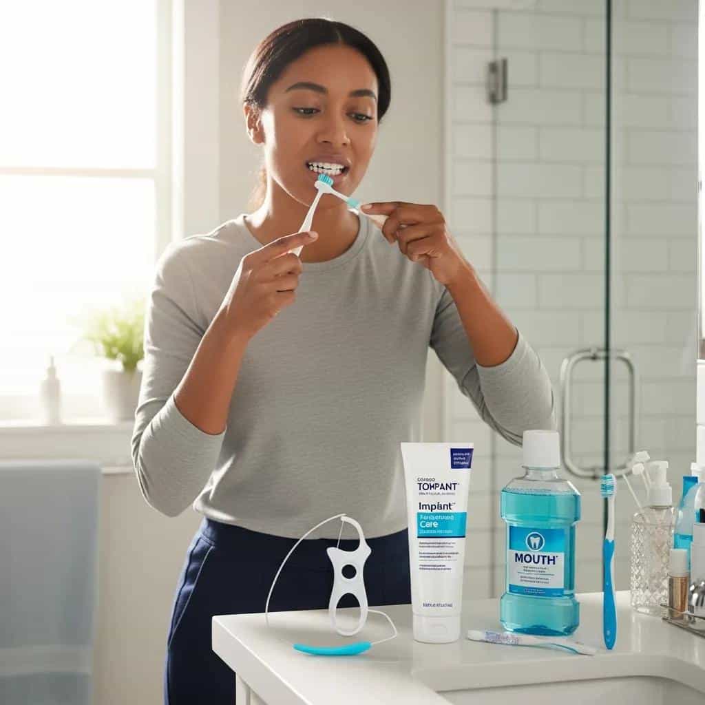 Person practicing oral hygiene for dental implants in a bright bathroom