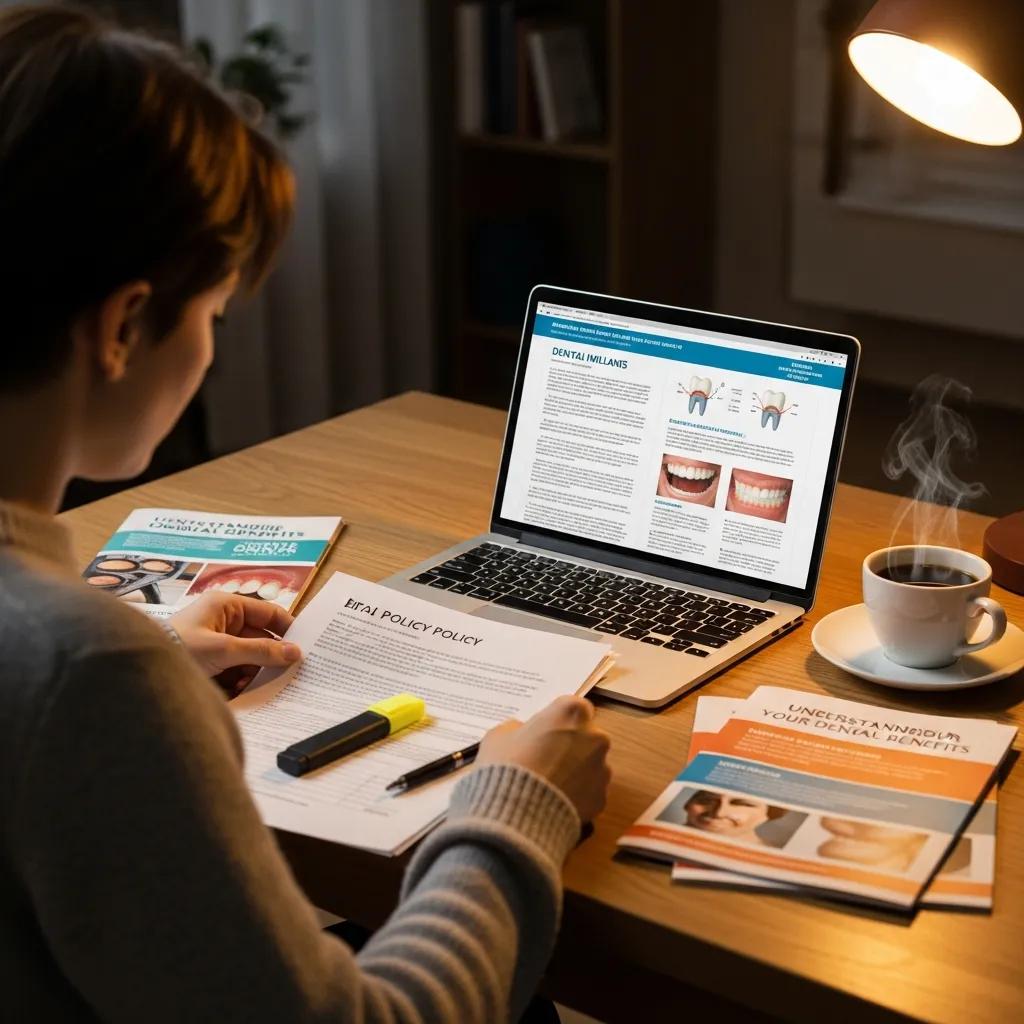 Person reviewing dental insurance documents for implant coverage at a desk