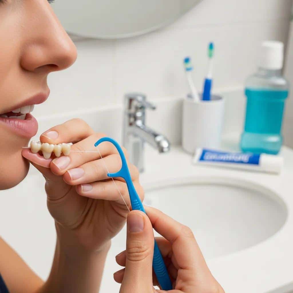 Person using a floss threader to clean underneath a dental bridge in a well-lit bathroom
