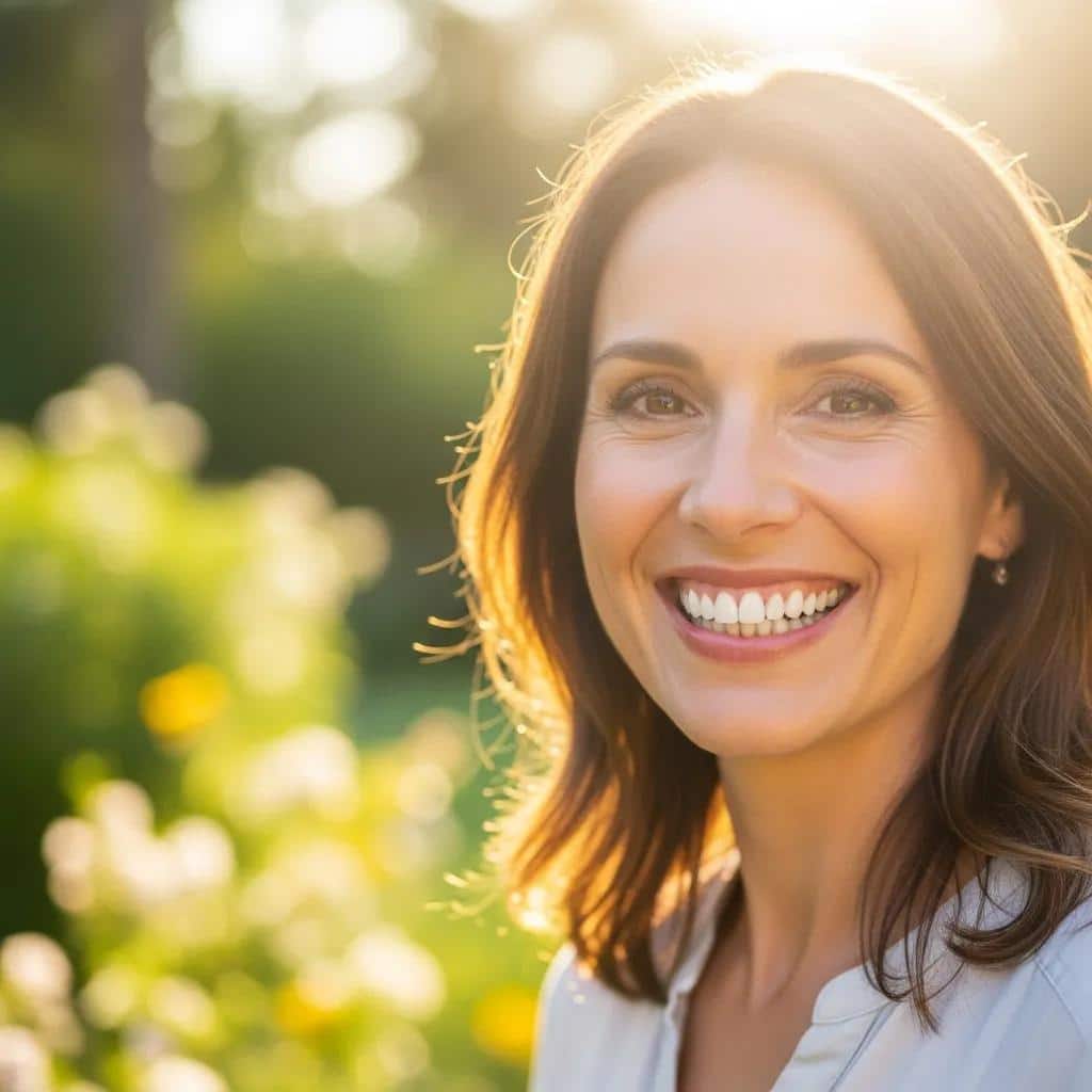 Satisfied patient smiling after receiving mini dental implants