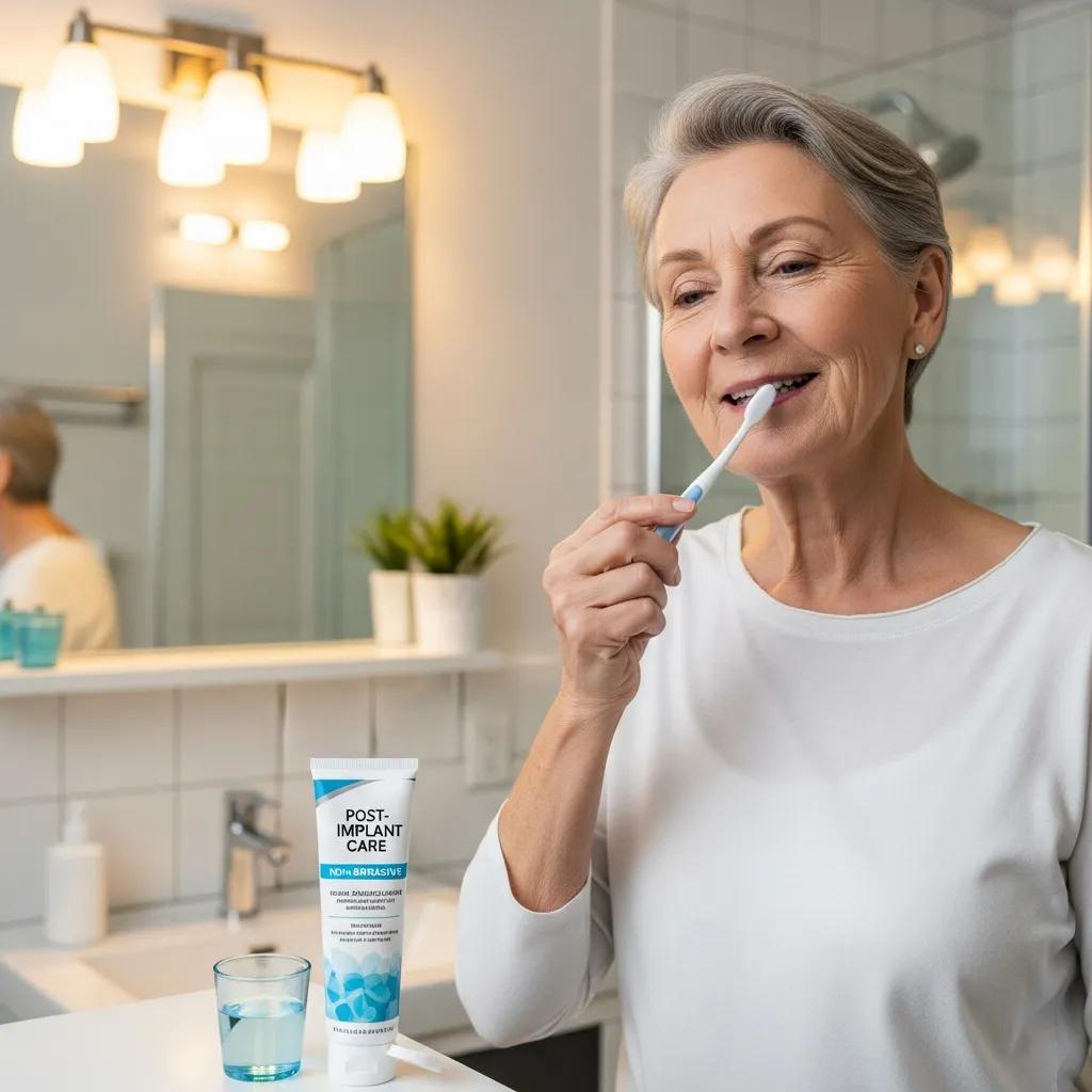 Senior person practicing oral hygiene after dental implant surgery