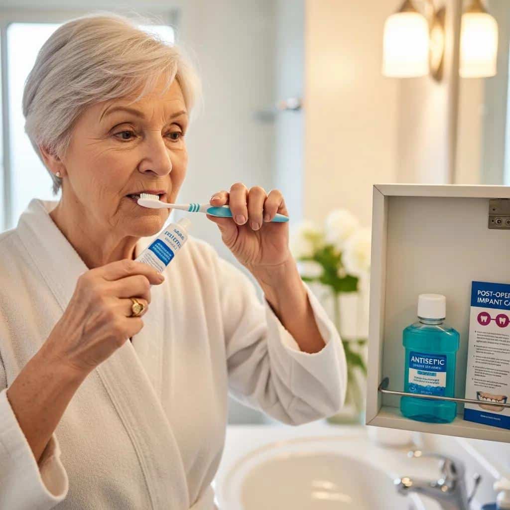 Senior person practicing oral hygiene at home after dental implant surgery