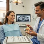 Smiling patient consulting with a dentist about dental implant options in a welcoming clinic