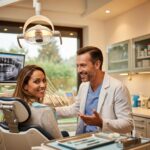 Smiling patient consulting with a dentist about dental implants
