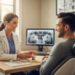 Smiling patient consulting with a dentist about dental implants in a cozy dental office