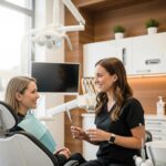 Smiling patient consulting with a dentist in a dental office, highlighting the comfort of dental care
