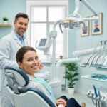 Smiling patient in a dental clinic after receiving dental implants, showcasing a natural smile