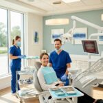 Smiling patient in a dental clinic, emphasizing dental care and oral health