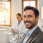 Smiling patient in a dental office, representing the benefits of dental implants