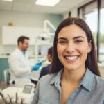 Smiling patient with dental implants in a modern dental clinic, emphasizing oral health and care