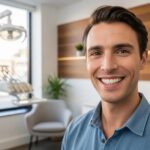 Smiling patient with dental implants in a modern dental office, showcasing confidence and satisfaction