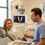 Smiling patient with dental professional in a modern clinic, highlighting dental implants