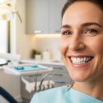 Smiling person with dental implants in a bright dental office