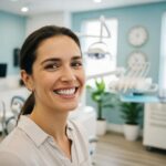 Smiling person with dental implants in a bright dental office, showcasing confidence and happiness