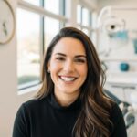 Smiling person with dental implants in a bright dental office, showcasing confidence and happiness