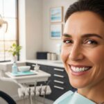 Smiling person with dental implants in a bright dental office, showcasing confidence and natural appearance