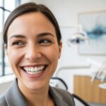 Smiling person with dental implants in a bright dental office, showcasing confidence and satisfaction