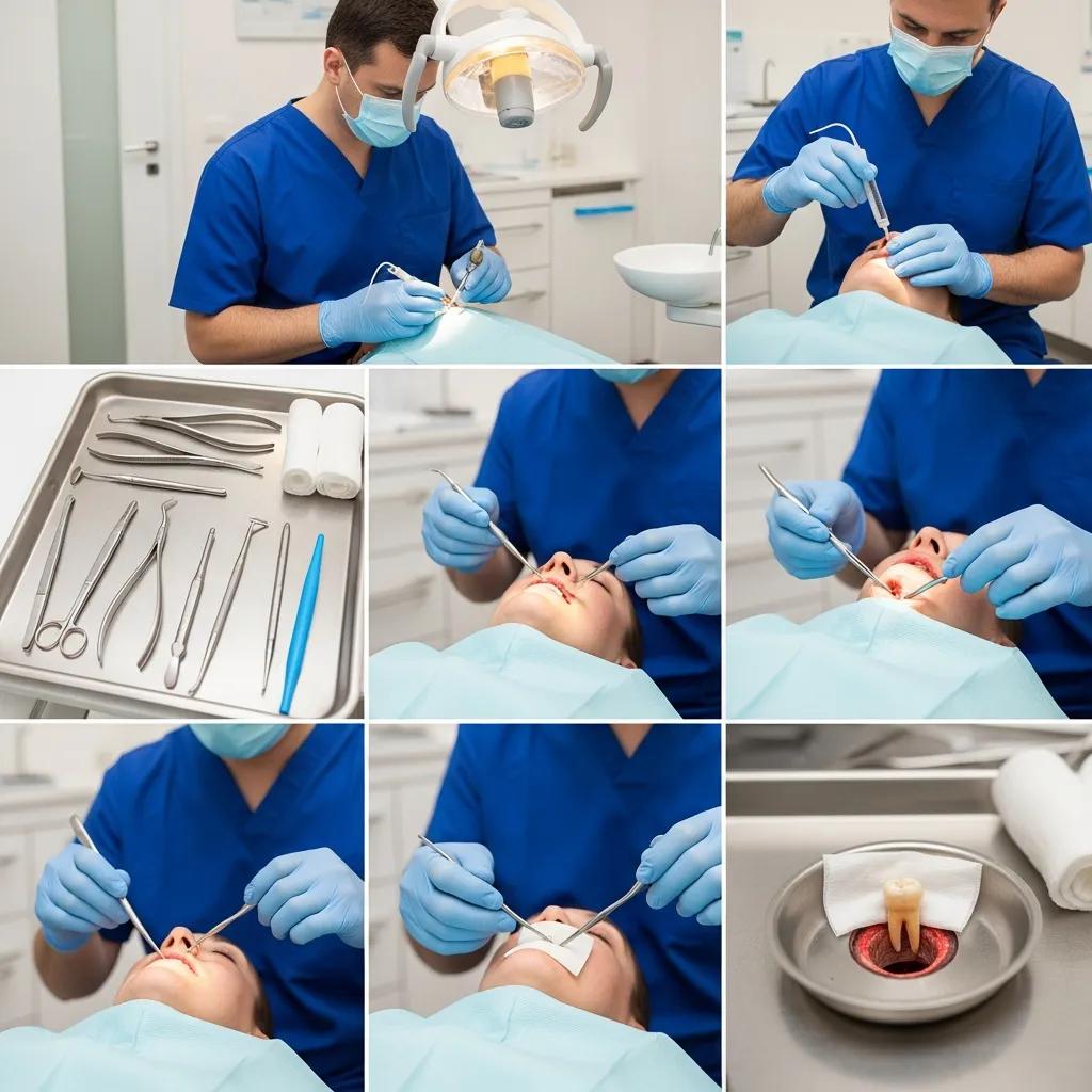 Step-by-step depiction of tooth extraction process in a modern dental clinic