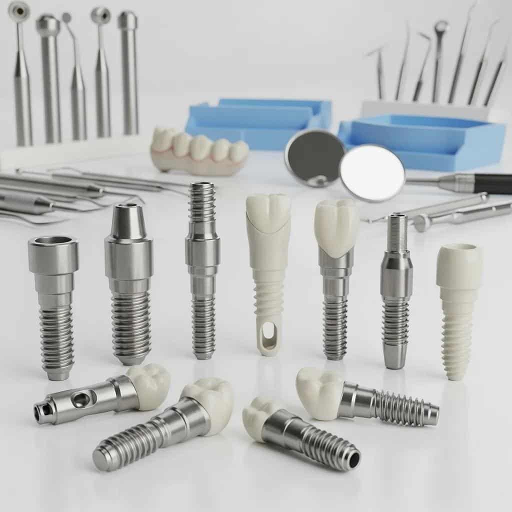 Various dental implant materials including titanium and zirconia, highlighting differences in design and color