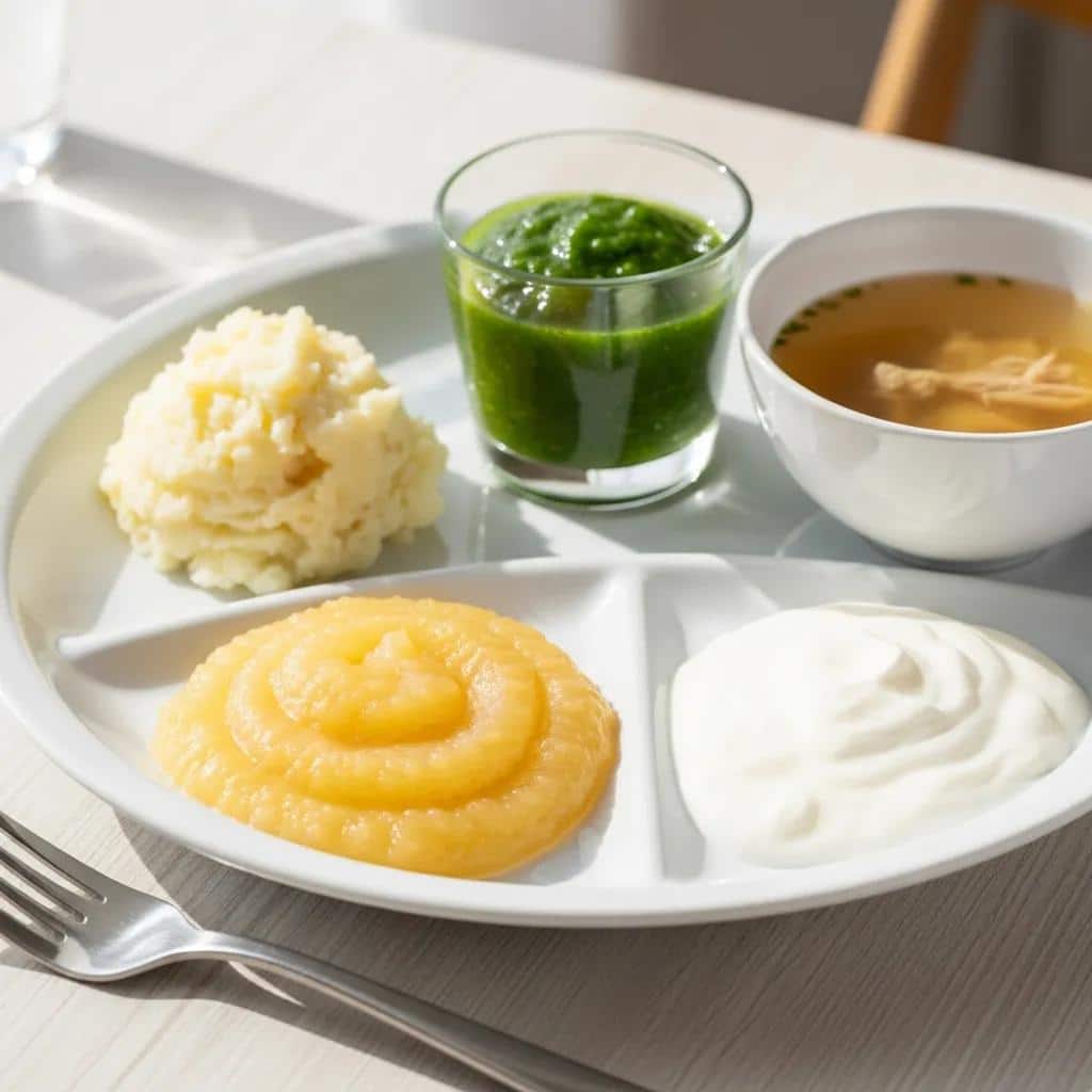 Assorted soft foods for dental implant healing, including mashed potatoes, applesauce, and smoothies