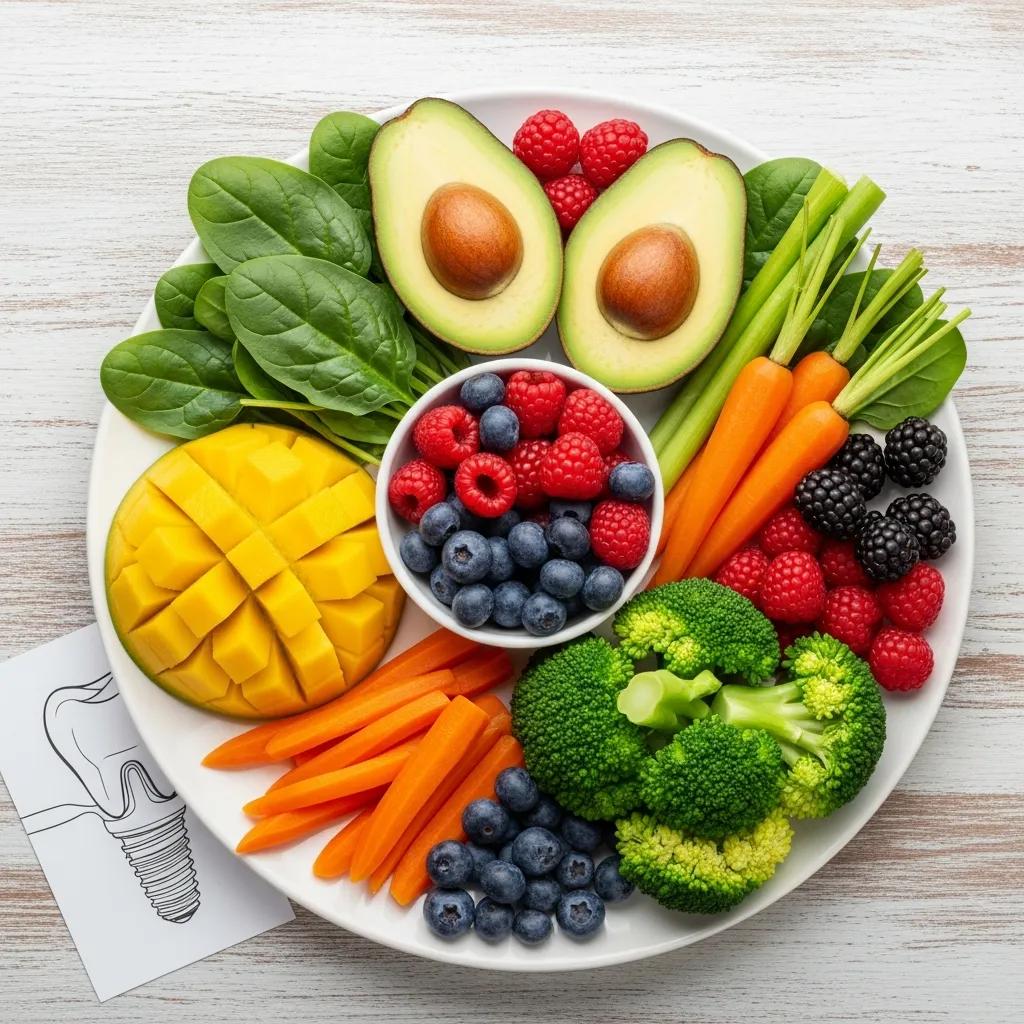 Balanced meal with colorful fruits and vegetables for dental implant nutrition