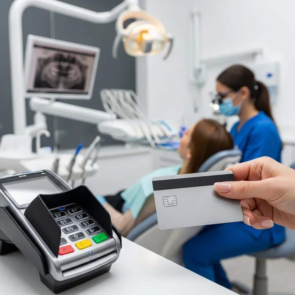 Close-up of a credit card being used in a dental office for financing dental implants