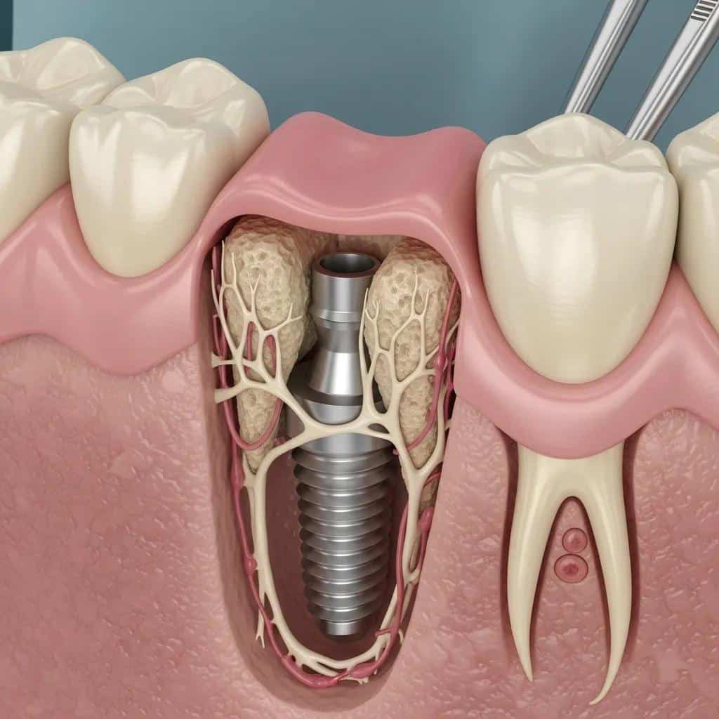 Close-up of a dental implant being placed into the jawbone, illustrating the osseointegration process
