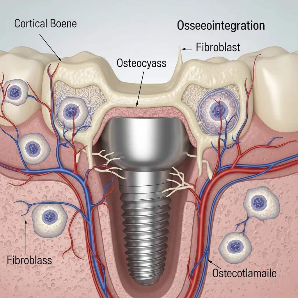 Close-up of a titanium dental implant integrating with jawbone, illustrating the osseointegration process