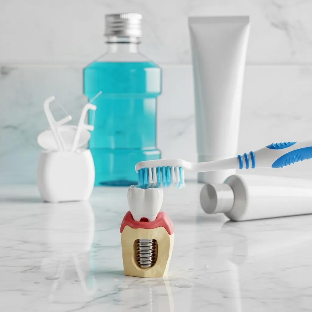 Demonstration of gentle brushing around a dental implant with a soft toothbrush