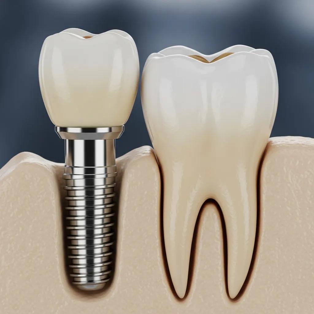 Close-up of a traditional dental implant model next to a natural tooth