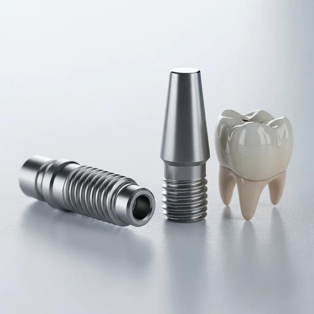 Close-up of dental implant components including titanium implant and crown