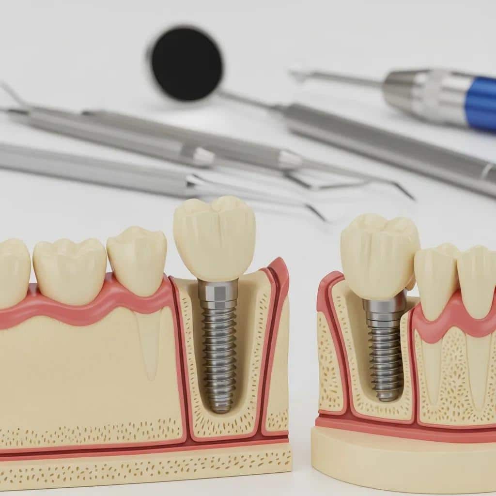 Close-up of traditional dental implant model with jawbone