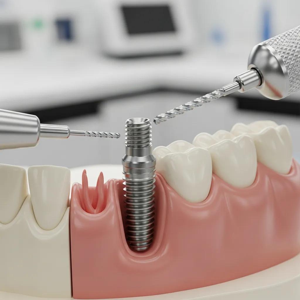 Model showing traditional dental implants placed in the jaw