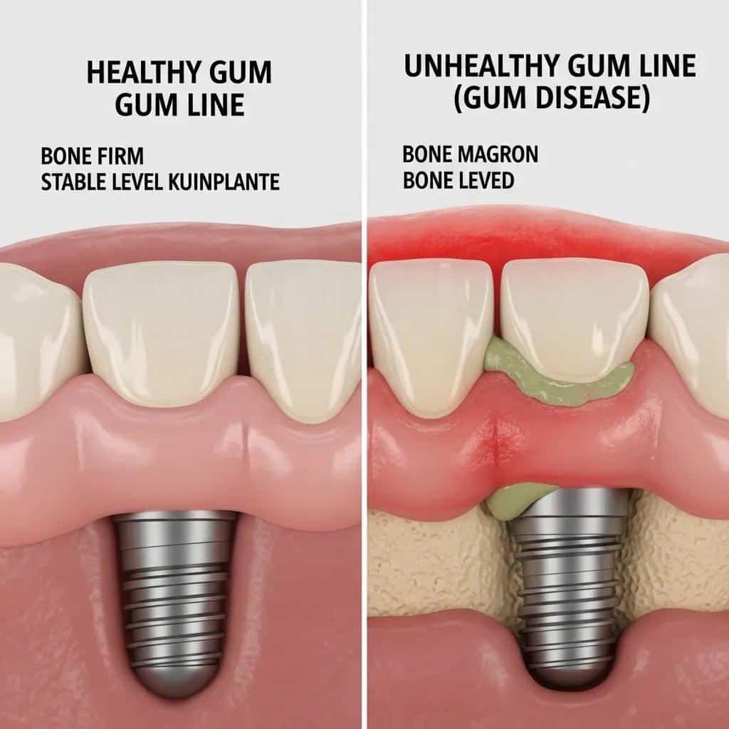 Comparison of healthy and unhealthy gum lines around dental implants, illustrating gum disease effects