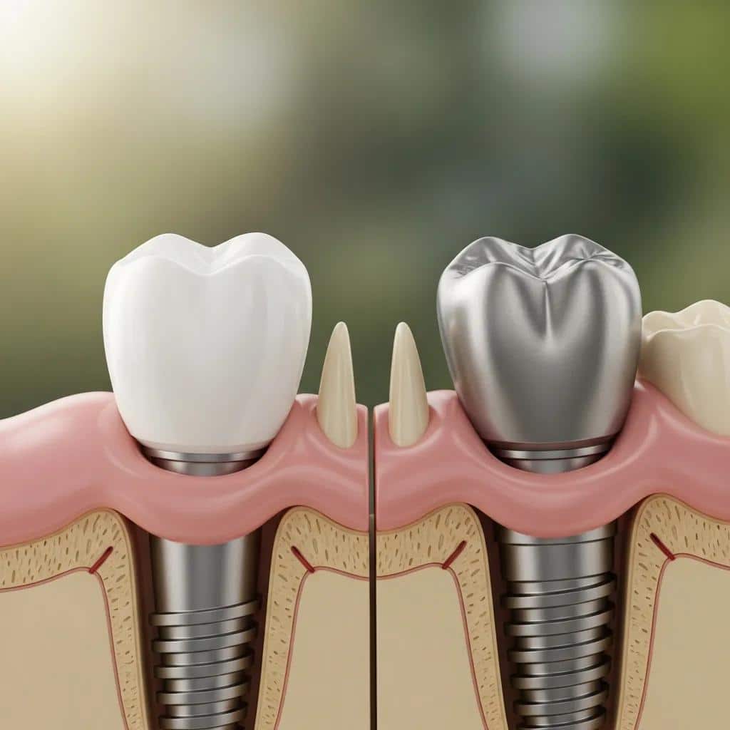 Comparison of zirconia and titanium dental implants highlighting aesthetic differences in a natural setting