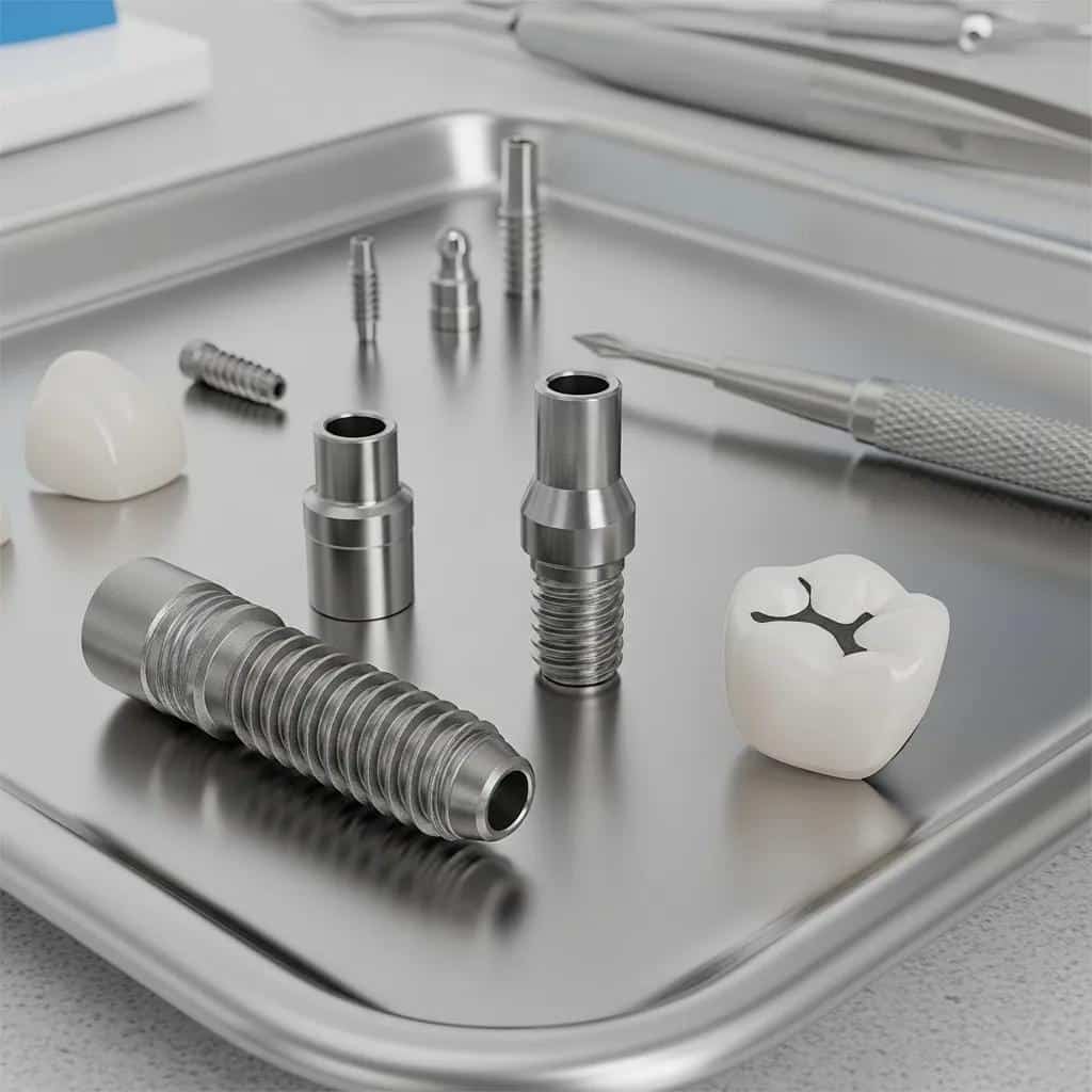 Components of dental implants including post, abutment, and crown
