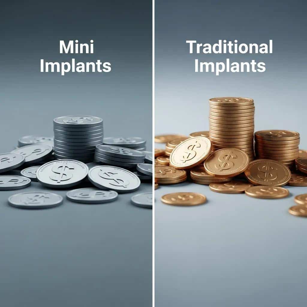 Graphic illustrating cost differences and long-term value considerations between mini and traditional dental implants