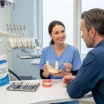 Dental clinic scene with a dentist explaining dental implants to a patient, highlighting oral health solutions
