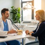 Dental consultation about implant costs in a modern clinic