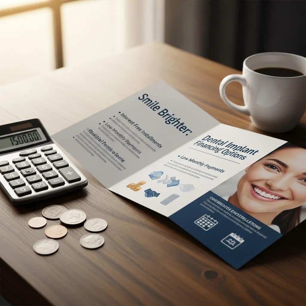 Dental financing brochure with calculator and coffee, symbolizing financial planning for implants